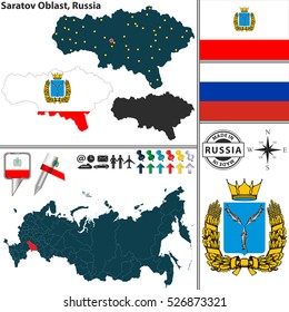 Vector map of Saratov Oblast with coat of arms and location on Russian map