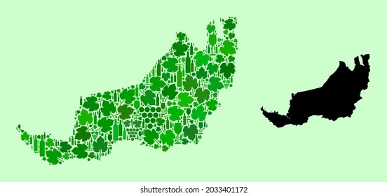 Vector Map of Sarawak. Collage of green grape leaves, wine bottles. Map of Sarawak mosaic designed with bottles, grapes, green leaves. Abstract mosaic is useful for wine production posters.