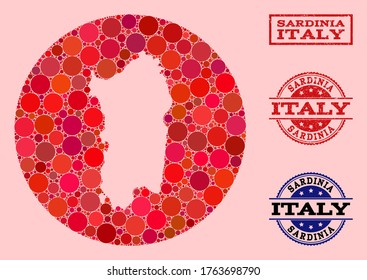 Vector map of Sardinia region collage of spheric items and red watermark seal. Stencil round map of Sardinia region collage created with circles in various sizes, and red color tones.
