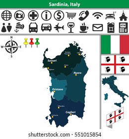 Vector map of Sardinia with regions and location on Italy map