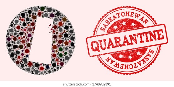 Vector map of Saskatchewan Province collage of flu virus and red grunge quarantine seal stamp. Infection cells around the isolated territory from external zone.