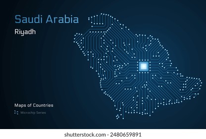 A vector map of Saudi Arabia created from a microchip pattern, with the capital Riyadh depicted as a microchip