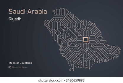 A vector map of Saudi Arabia created from a microchip pattern, with the capital Riyadh depicted as a microchip