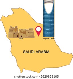 Mapa vetorial da Arábia Saudita destacando Diriyah e Kingdom Center. Design simples com cores quentes e rótulos claros
