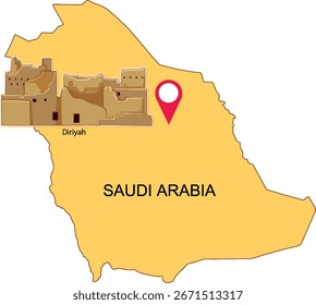 Mapa de Vector de Arabia Saudita destacando Diriyah, con colores simples y una composición clara.