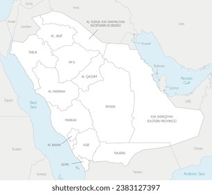 Vector map of Saudi Arabia with provinces and administrative divisions, and neighbouring countries. Editable and clearly labeled layers.