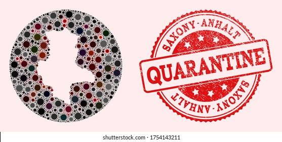 Vektorplan des Bundesstaates Sachsen-Anhalt mit Grippevirus und rotem Grunge-Quarantänestempel. Infektionszellen greifen das Sperrgebiet von außen an.