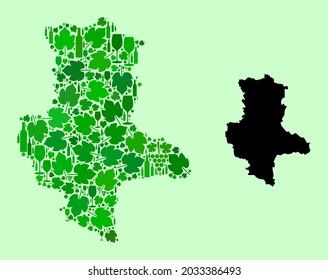 Vector Map of Saxony-Anhalt State. Collage of green grape leaves, wine bottles. Map of Saxony-Anhalt State collage composed with bottles, grapes, green leaves.