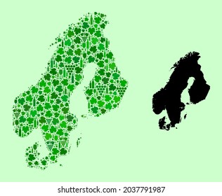 Mapa vectorial de Escandinavia. Collage de uvas verdes, botellas de vino. Mapa del collage de Escandinavia diseñado a partir de botellas, uvas, hojas verdes. El mosaico abstracto está diseñado para aplicaciones de marketing.