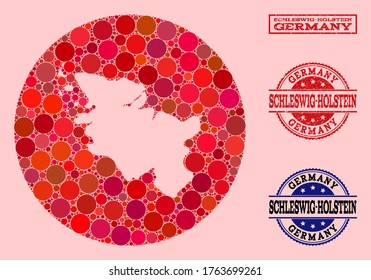 Mapa vectorial del collage del estado de Schleswig-Holstein de puntos redondos y marca de agua roja. Mapa circular esténcil del collage del estado de Schleswig-Holstein diseñado con círculos de diferentes tamaños y tonos rojos.