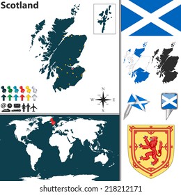 Vector map of Scotland with coat of arms and location on world map