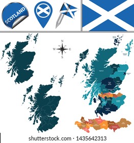 Vector map of Scotland with named districts and icons