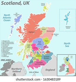 Vector map of Scotland with named districts and location on United Kingdom map