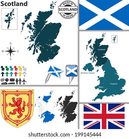 Vector map of Scotland with regions, coat of arms and location on United Kingdom map