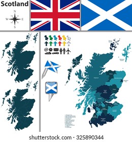 Vector map of Scotland with subdivisions and flags