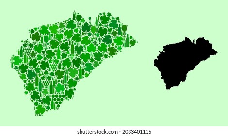 Vector Map of Segovia Province. Mosaic of green grape leaves, wine bottles. Map of Segovia Province collage designed with bottles, grapes, green leaves.