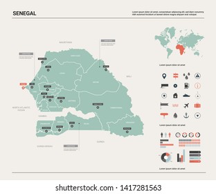 Vector map of Senegal. Country map with division, cities and capital Dakar. Political map,  world map, infographic elements.
