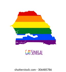 Vector map of Senegal in LGBT (lesbian, gay, bisexual, and transgender) flag colors and GAY Senegal caption on white background. Rainbow flag with denim textile texture.