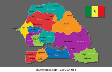 Vector map of Senegal with names of cities and with borders city