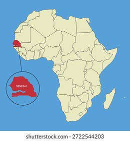 Mapa vetorial do Senegal, ilustração silhueta do mapa vetorial isolado no mapa da África. Estado do continente africano