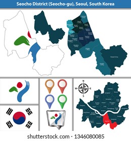 Vector Map Of Seocho District Or Gu Of Seoul Metropolitan City In South Korea With Flags And Icons