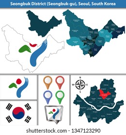 Vector map of Seongbuk District or Gu of Seoul metropolitan city in South Korea with flags and icons