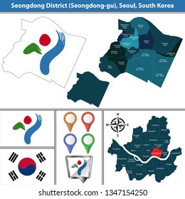 Vector Map Of Seongdong District Or Gu Of Seoul Metropolitan City In South Korea With Flags And Icons