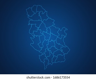 Vector map of Serbia abstract blue line scales on dark background.