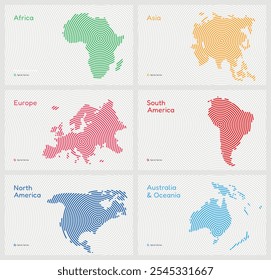 Mapa vetorial Conjunto de 6 continentes em um padrão circular espiral: Ásia, África, Europa, América do Sul, América do Norte, Austrália e Oceania