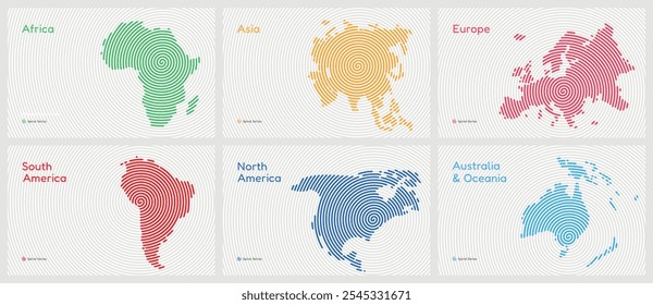 Mapa vetorial Conjunto de 6 continentes em um padrão circular espiral: Ásia, África, Europa, América do Sul, América do Norte, Austrália e Oceania