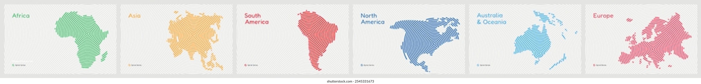 Mapa vetorial Conjunto de 6 continentes em um padrão circular espiral: Ásia, África, Europa, América do Sul, América do Norte, Austrália e Oceania