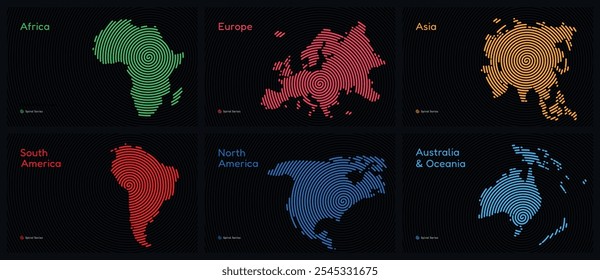 Mapa vetorial Conjunto de 6 continentes em um padrão circular espiral: Ásia, África, Europa, América do Sul, América do Norte, Austrália e Oceania