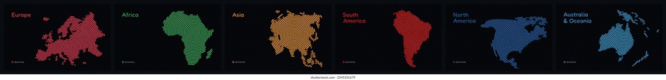 Mapa vetorial Conjunto de 6 continentes em um padrão circular espiral: Ásia, África, Europa, América do Sul, América do Norte, Austrália e Oceania