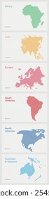 Mapa vetorial Conjunto de 6 continentes em um padrão circular espiral: Ásia, África, Europa, América do Sul, América do Norte, Austrália e Oceania