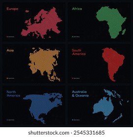 Mapa vetorial Conjunto de 6 continentes em um padrão circular espiral: Ásia, África, Europa, América do Sul, América do Norte, Austrália e Oceania