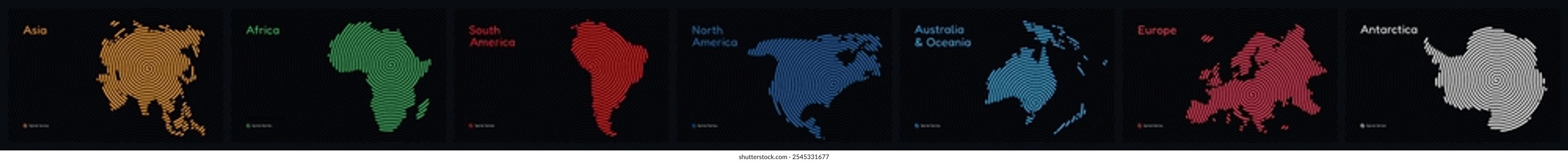 Vector Map Set of 7 Continents in a Spiral Circular Pattern: Asia, Africa, Europe, South America, North America, Australia and Oceania, Antarctica