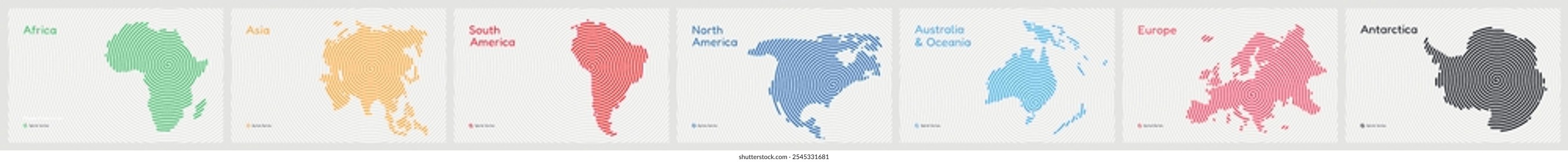 Vector Map Set of 7 Continents in a Spiral Circular Pattern: Asia, Africa, Europe, South America, North America, Australia and Oceania, Antarctica