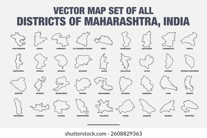 Vector Map Set of All Districts of Maharashtra, India – Clean Line Art Illustration