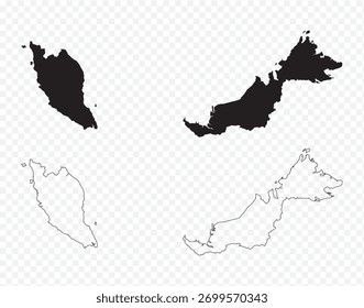 Vektorkartenset von Malaysia mit durchgezogenen schwarzen Silhouetten und dünnen Umrissen beider Regionen