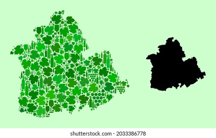 Vector Map of Sevilla Province. Mosaic of green grape leaves, wine bottles. Map of Sevilla Province mosaic created from bottles, berries, green leaves.