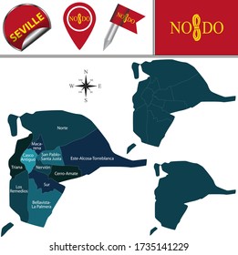 Stadtplan von Sevilla, Spanien mit den Namen der Bezirke und den Ikonen der Reise