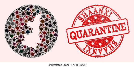 Vector map of Shaanxi Province collage of flu virus and red grunge quarantine seal. Infection cells around the isolated territory from external zone.