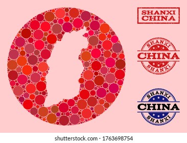 Vector map of Shanxi Province collage of spheric elements and red scratched seal stamp. Hole circle map of Shanxi Province collage formed with circles in variable sizes, and red shades.