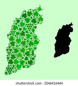Vector Map of Shanxi Province. Mosaic of green grapes, wine bottles. Map of Shanxi Province mosaic composed from bottles, grapes, green leaves.
