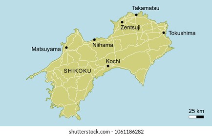 vector map of Shikoku with important cities and roads Japan island geography cartography