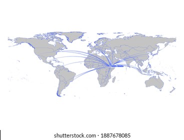Vector map showing Addis Ababa, Ethiopia's position in the world and its connections with other major cities. This map is suitable for digital editing and printing of all sizes.