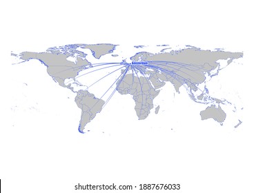 Vector map showing Amsterdam, Netherlands' position in the world and its connections with other major cities. This map is suitable for digital editing and printing of all sizes.