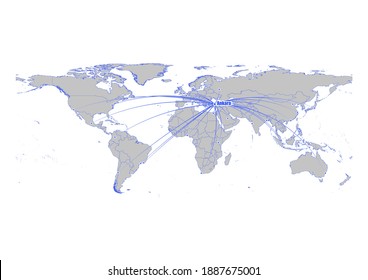 Vector map showing Ankara, Turkey's position in the world, and its connections with other major cities. This map is suitable for digital editing and printing of all sizes.