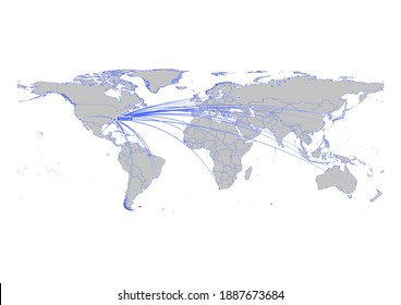 Vector map showing Atlanta, United States' position in the world and its connections with other major cities. This map is suitable for digital editing and printing of all sizes.