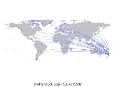 Vector map showing Auckland, New Zealand's position in the world and its connections with other major cities. This map is suitable for digital editing and printing of all sizes.
